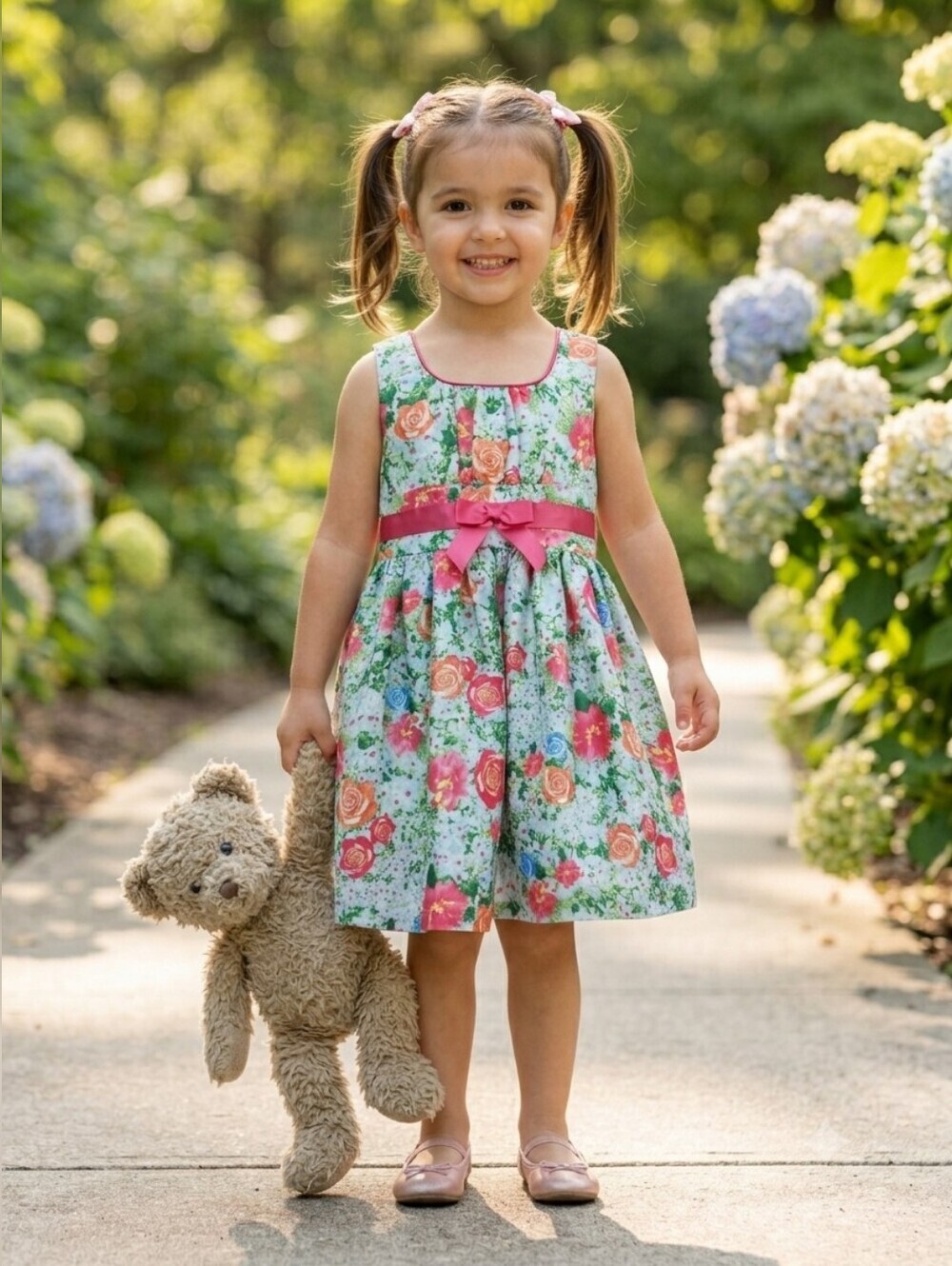Jessica Ann Girls Floral Bow-Accent Sleeveless Dress - Pink & Green, S3T, EPreLC